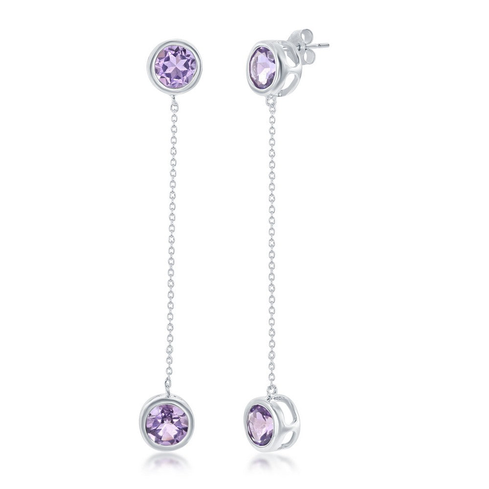 Sterling Silver Round Bezel-Set Amethyst with Hanging Chain Bezel-Set Amethyst Earrings