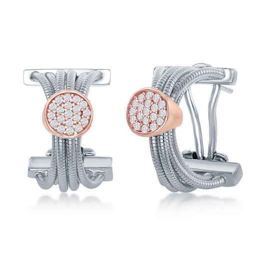 Sterling Silver Designer Earrings, Set with CZ, Bonded with 14K Rose Gold