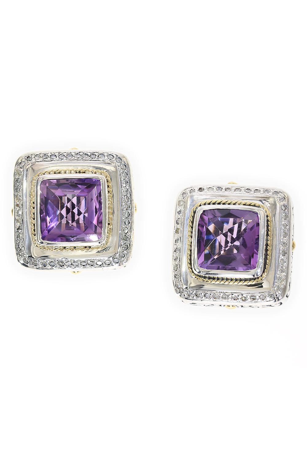 Effy 925 18K Yellow Gold/Silver Diamond and Amethyst Earrings