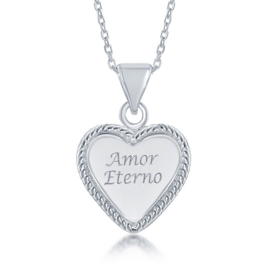 Sterling Silver Amor Eterno Inscribed Shiny Heart Pendant -chain