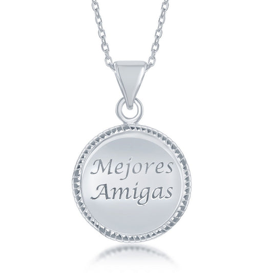 Sterling Silver Mejores Amigas Inscribed Shiny Round Pendant -chain