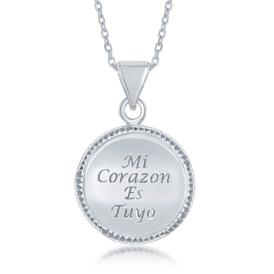 Sterling Silver Mi Corazon Es Tuyo Inscribed Shiny Round Pendant -chain