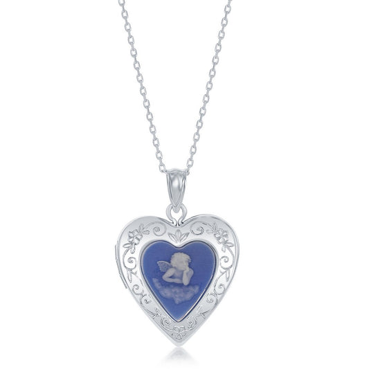 Sterling Silver Blue Stone Angel Cameo Heart Locket With chain