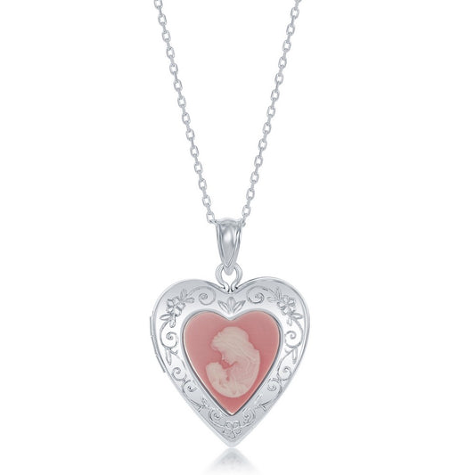 Sterling Silver Pink Stone Mother & Child Cameo Heart Locket With chain