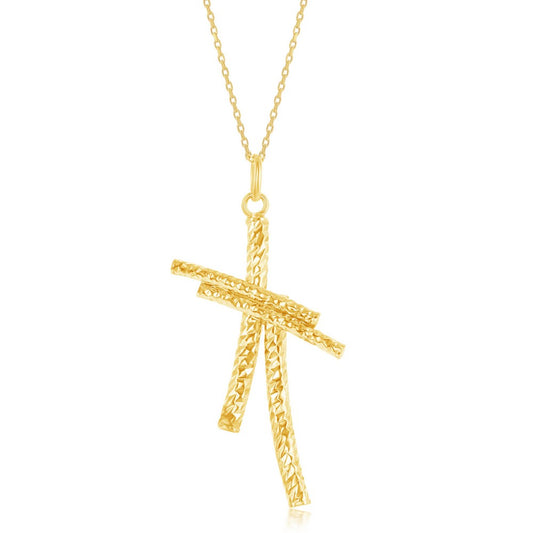 Sterling Silver Gold Plated Diamond-Cut Double Cross Pendant