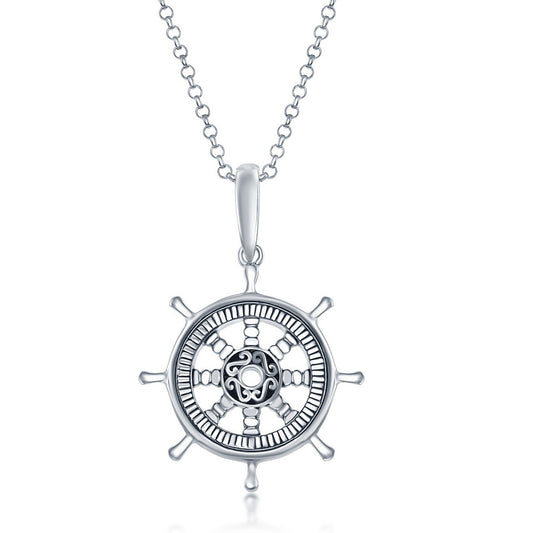 Sterling Silver Detailed Oxidized Shipwheel Pendant