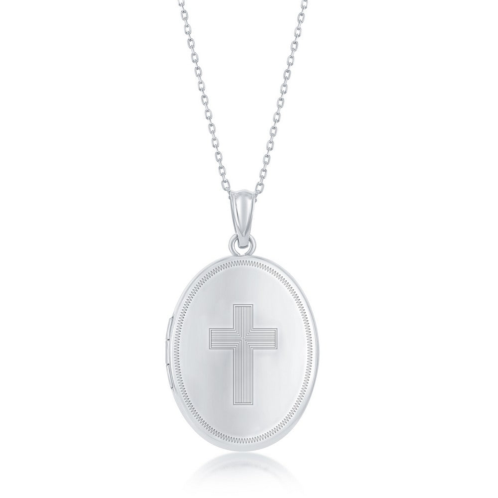 Sterling Silver Cross Oval Locket With chain