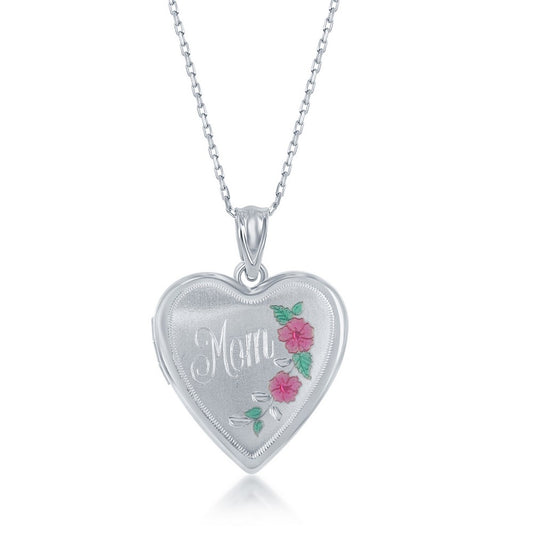 Sterling Silver Matte Mom Heart Locket With chain