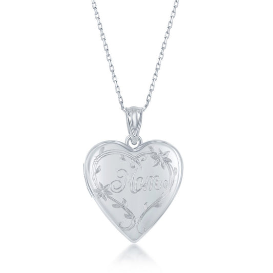 Sterling Silver Polsihed Designed Mom Heart Locket With chain