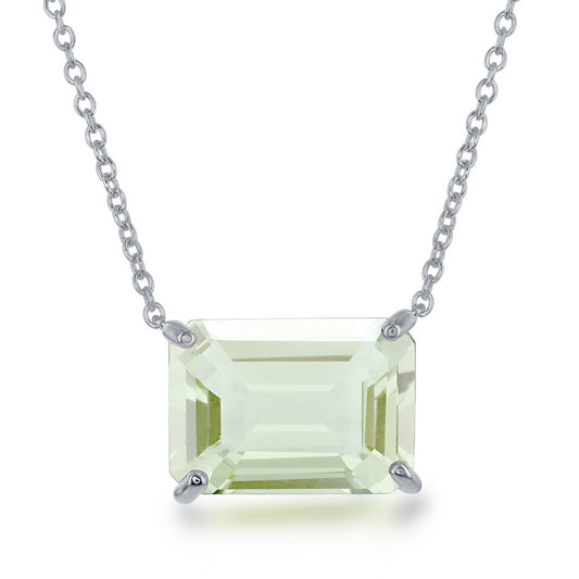 Sterling Silver Rectangle  Prong Set Gem Necklace - Green Amethyst