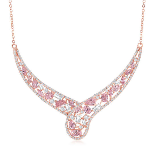 Sterling Silver RG White & Pink CZ with CZ Border Necklace