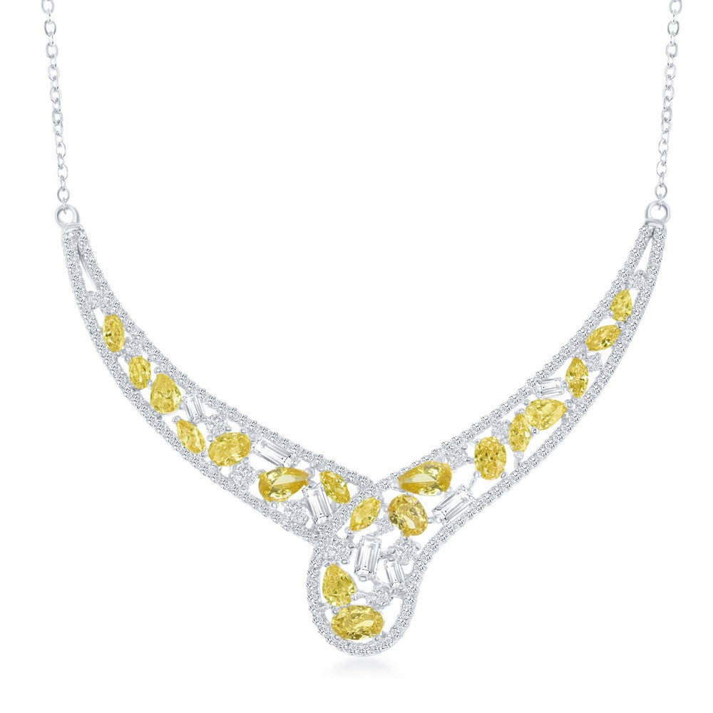 Sterling Silver White & Yellow CZ with CZ Border Necklace