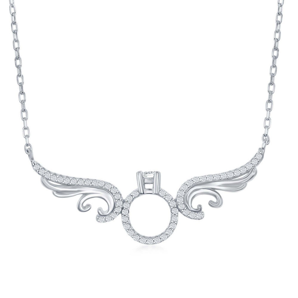 Sterling Silver Angel Wings with Center Engagement CZ Ring Necklace