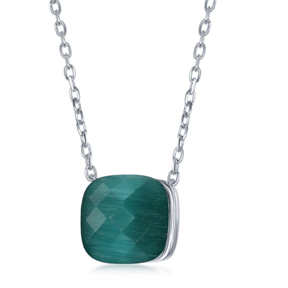 Sterling Silver Checkered Square Green Cat's Eye Necklace