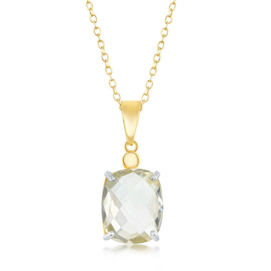 Sterling Silver Four-Prong Checkered 4.904cttw Gem Gold Plated Necklace - Green Amethyst