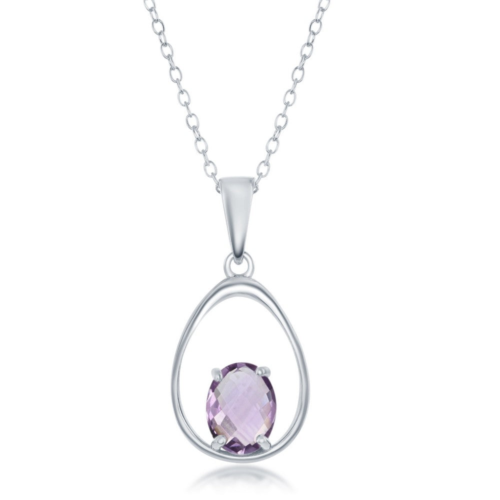 Sterling Silver, Pear-Shaped, Four-Prong Gem Necklace - Amethyst