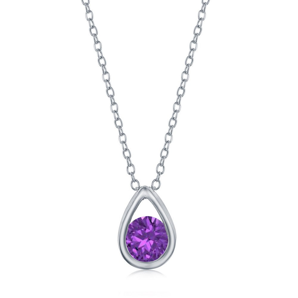 Sterling Silver Pearshaped Necklace With Round February Birthstone Gem - Amethyst