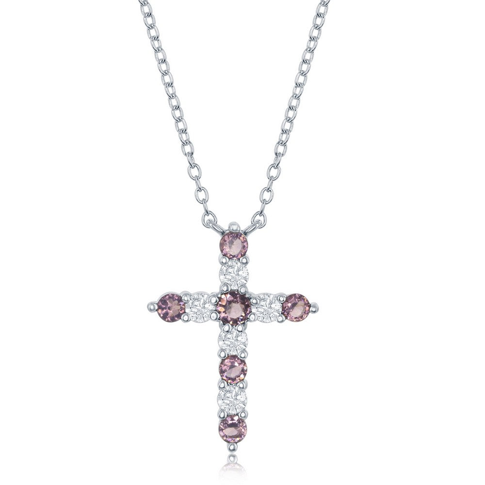 Sterling Silver Amethyst CZ Febraury Birthstone Cross Necklace