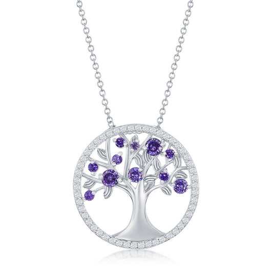 Sterling Silver February Birthstone Tree of Life Necklace - Amethyst CZ