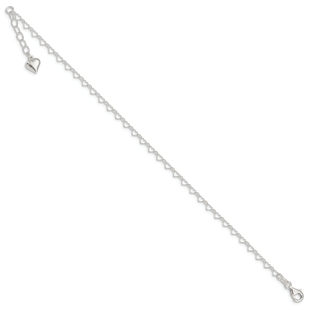 Sterling Silver Polished Puffed Heart 9in Plus 1in ext. Anklet