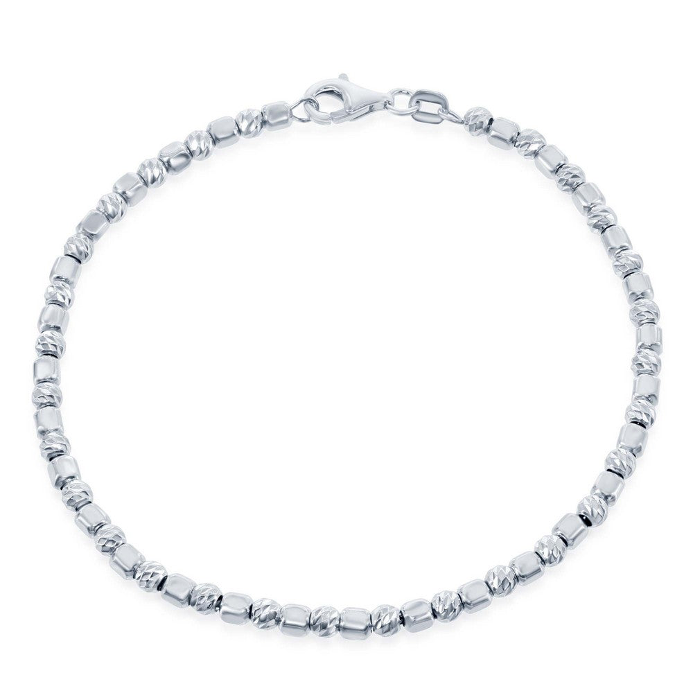 Sterling Silver Alternating Square Bead With  Diamond Cheveron Cut Beads Bracelet