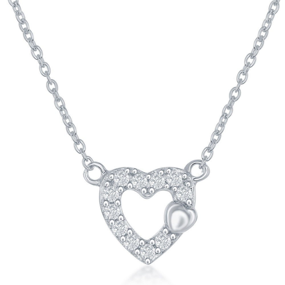 Sterling Silver Small Open CZ Heart with Tiny Shiny Heart Necklace & Earrings Set