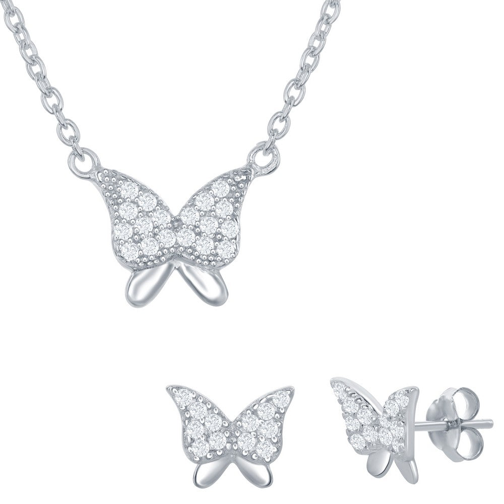 Sterling Silver CZ Butterfly Necklace and Earrings Set