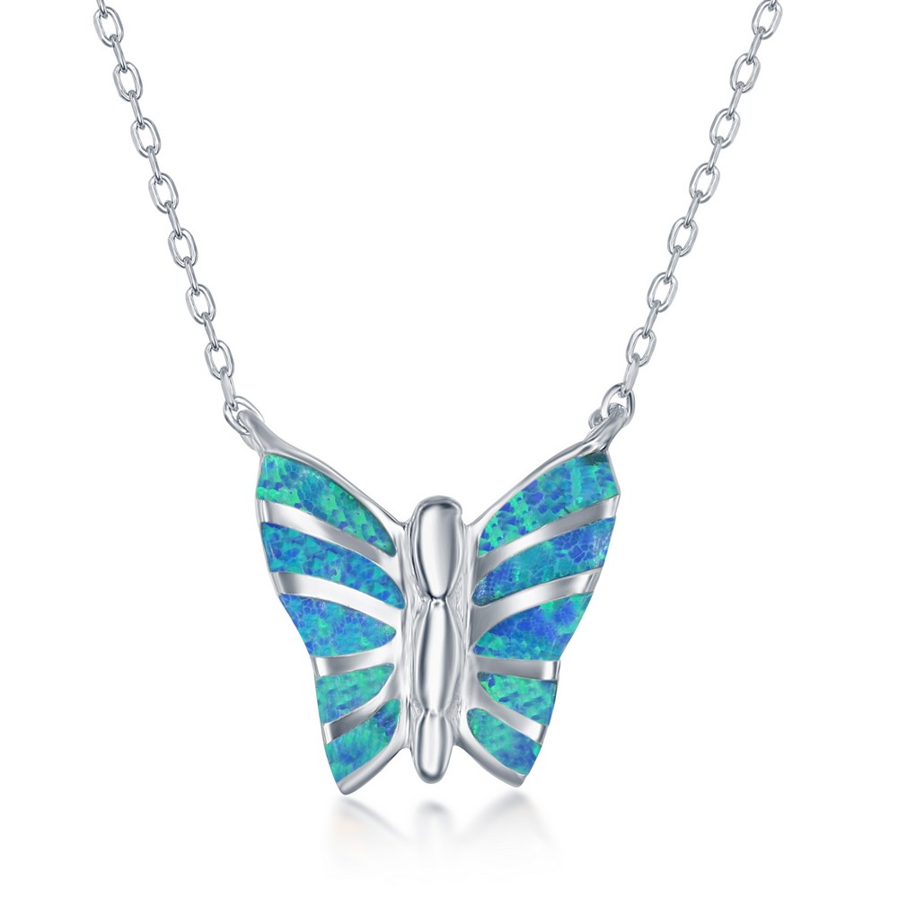 Sterling Silver Blue Inlay Opal Necklace and Earrings Set - Butterfly