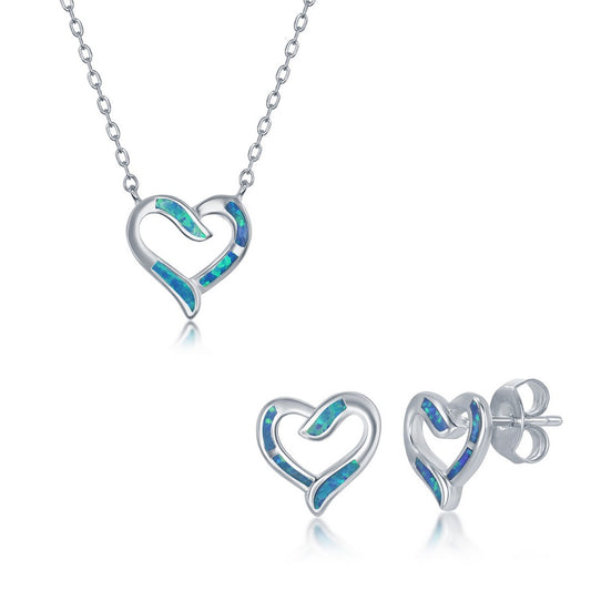 Sterling Silver Blue Inlay Opal Necklace and Earrings Set - Heart