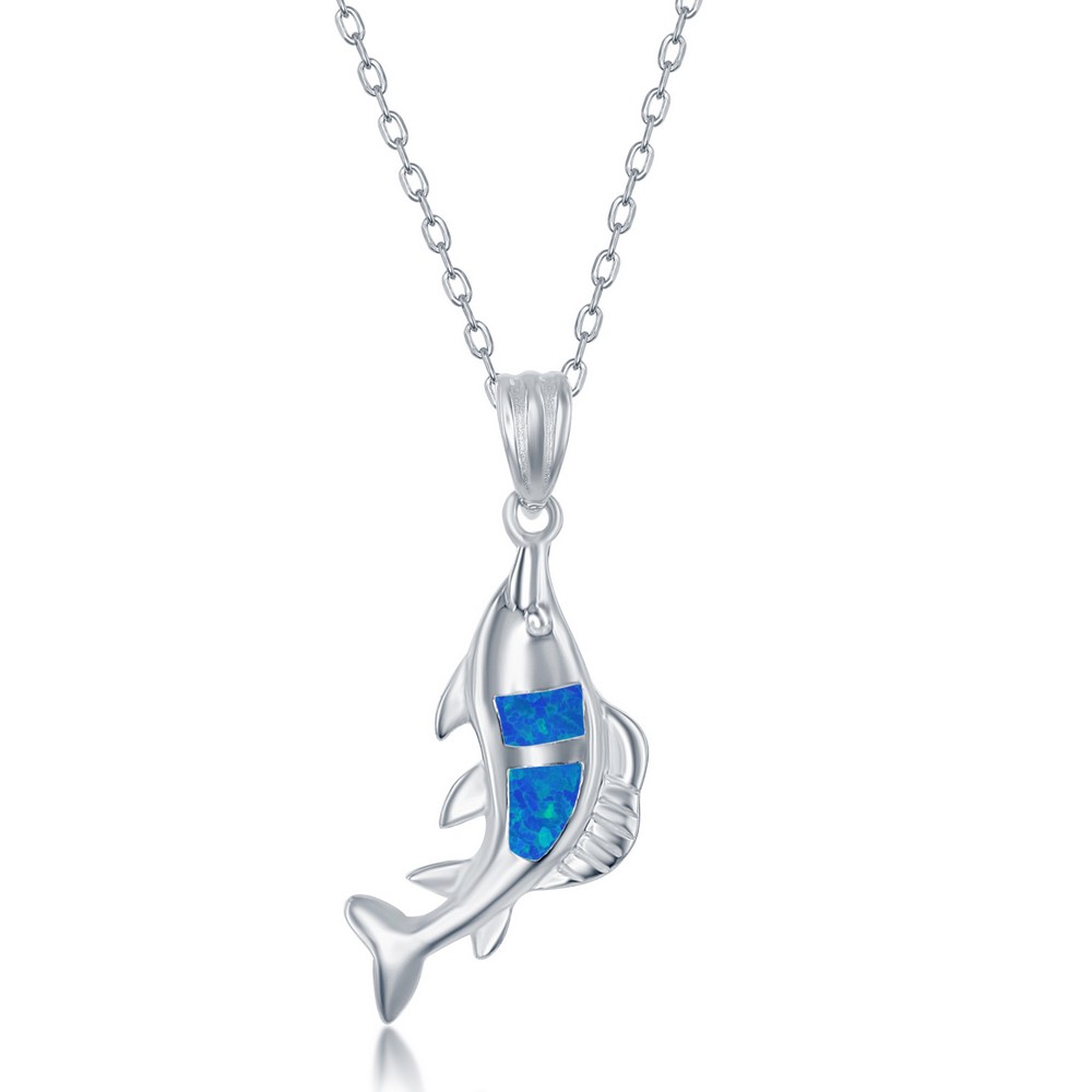 Sterling Silver Blue Inlay Opal Necklace and Earrings Set - Fish