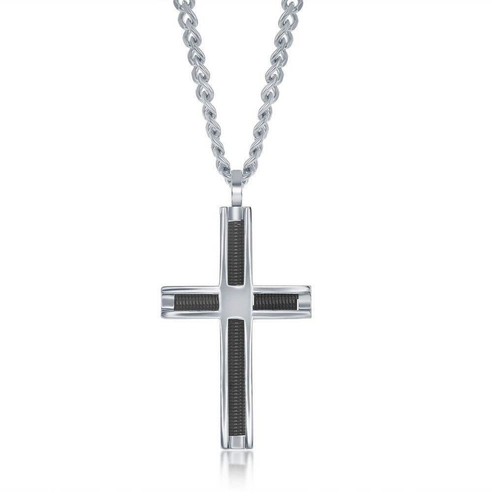 Stainless Steel Polished and Black Wire Cross Pendant With Chain