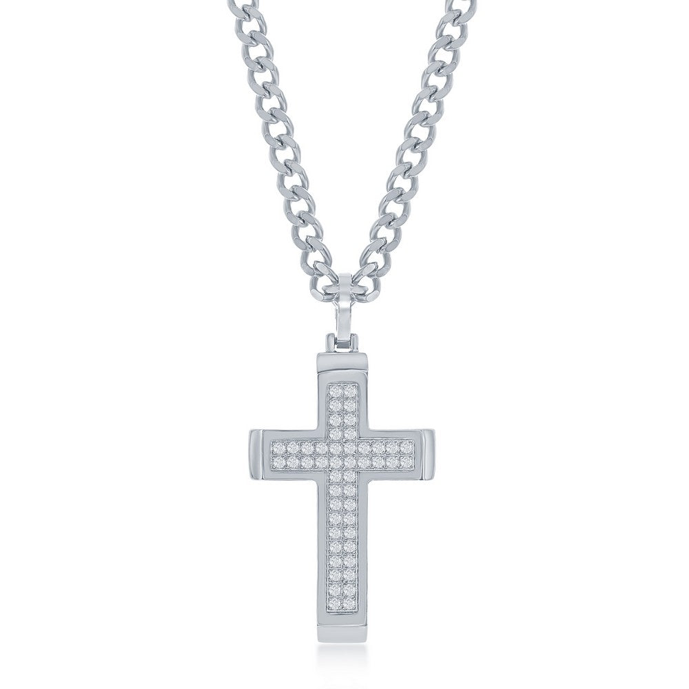 Stainless Steel Polished CZ Cross Necklace