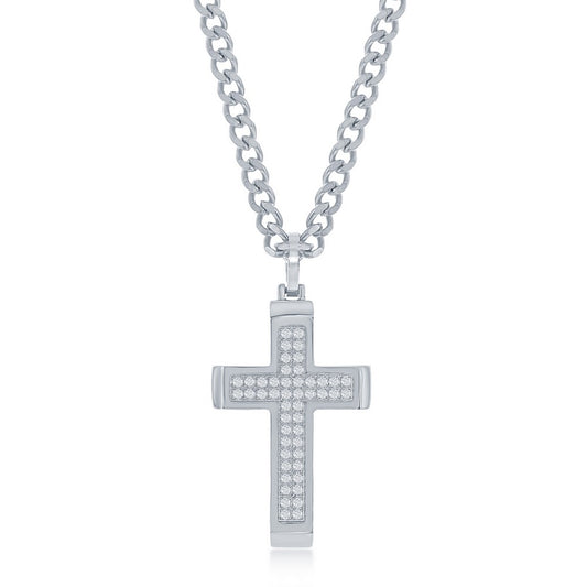 Stainless Steel Polished CZ Cross Necklace