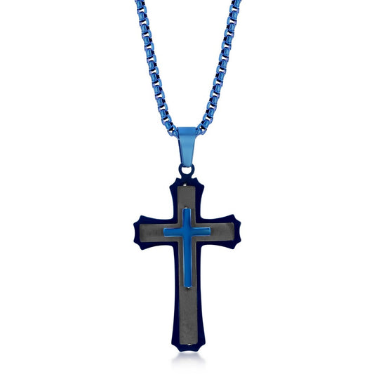 Stainless Steel Black & Blue 3D Cross Necklace