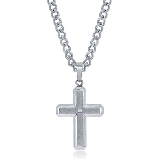 Stainess Steel Brushed & Polished With  Single CZ Cross Necklace