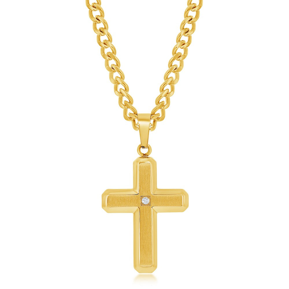 Stainless Steel Brushed & Polished With  Single CZ Cross Necklace - Gold Plated