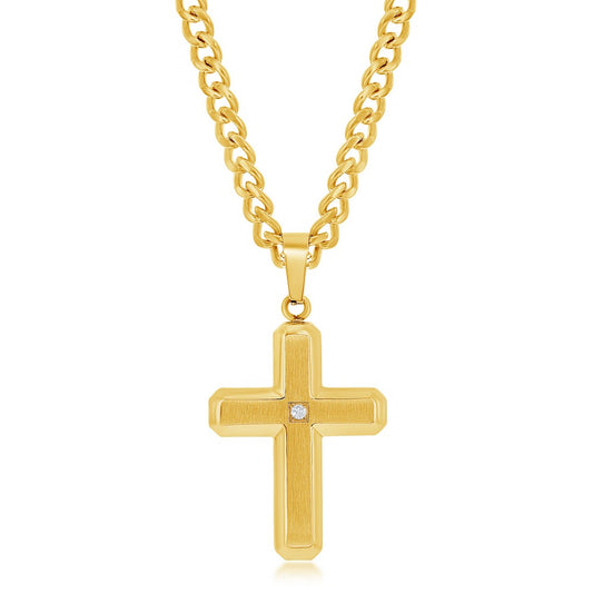 Stainless Steel Brushed & Polished With  Single CZ Cross Necklace - Gold Plated