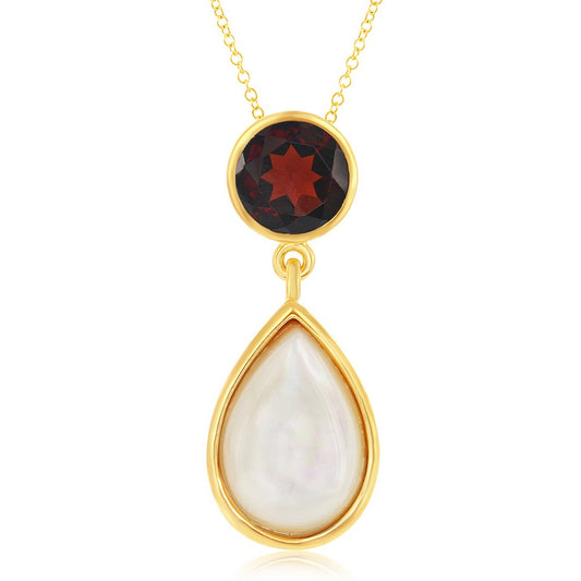 Sterling Silver Garnet with Mother of Pearl Pendant -  Gold Plated