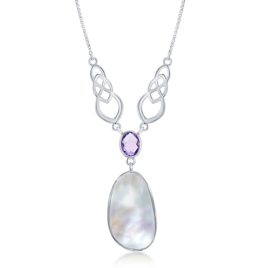 Sterling Silver Mother of Pearl with Oval Amethyst Designed Y Necklace