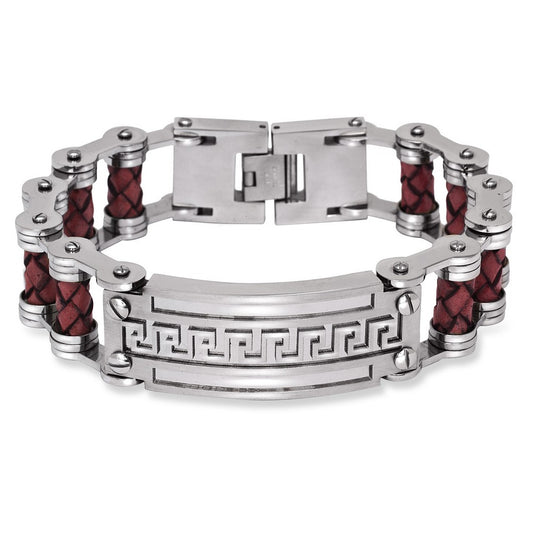 Stainless Steel Wide Red Braided Leather Greek Key Bar Bracelet