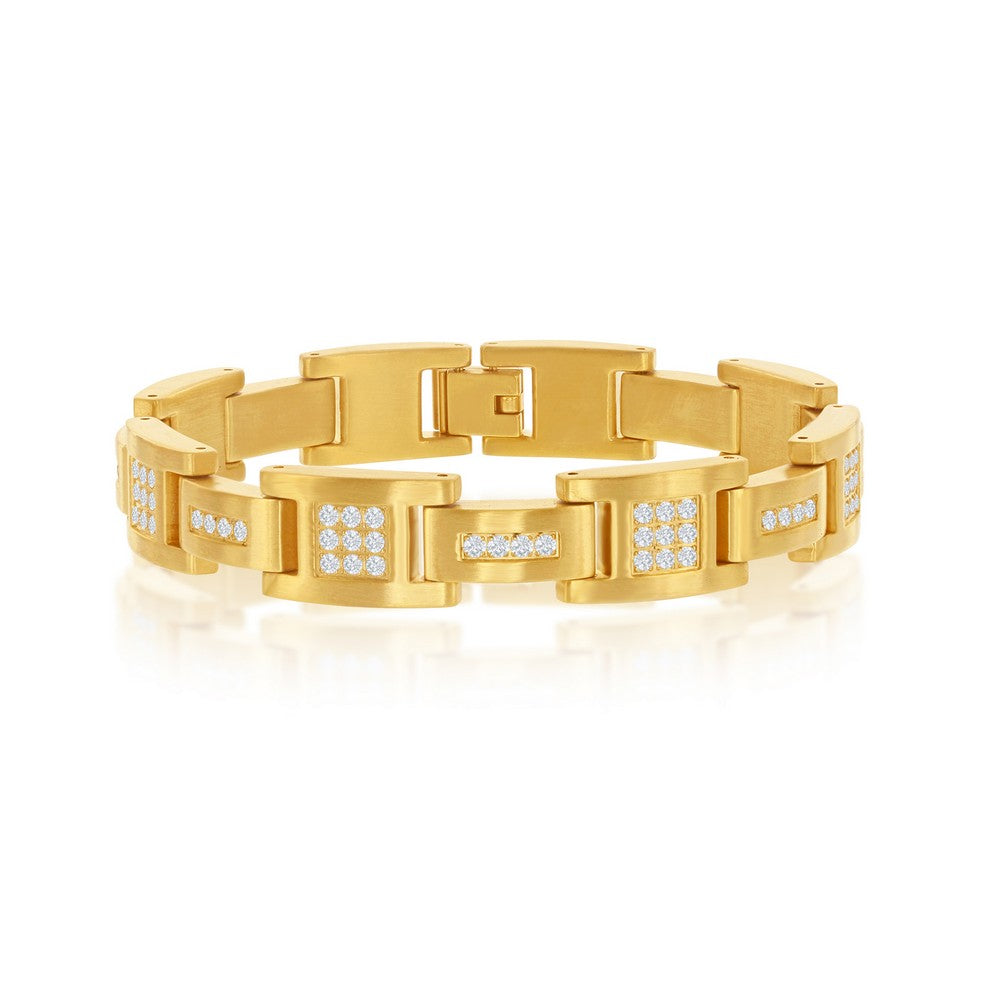 Stainless Steel Matte CZ Link Bracelet - Gold Plated