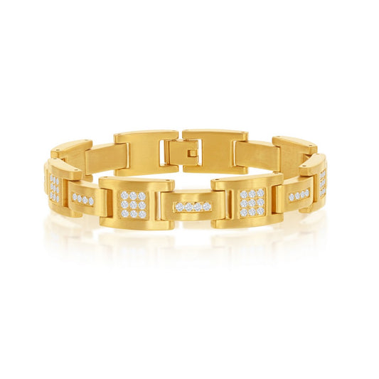 Stainless Steel Matte CZ Link Bracelet - Gold Plated