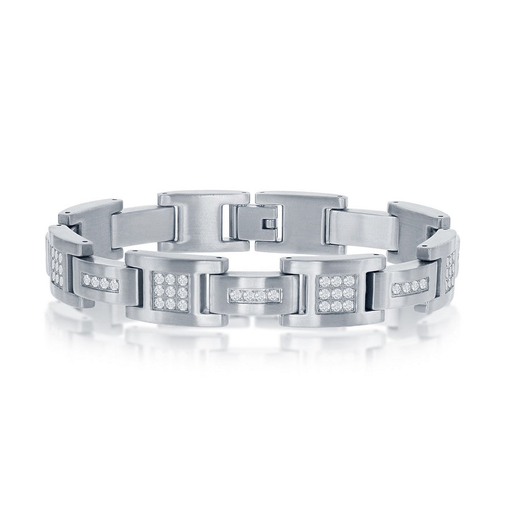 Stainless Steel Matte CZ Link Bracelet