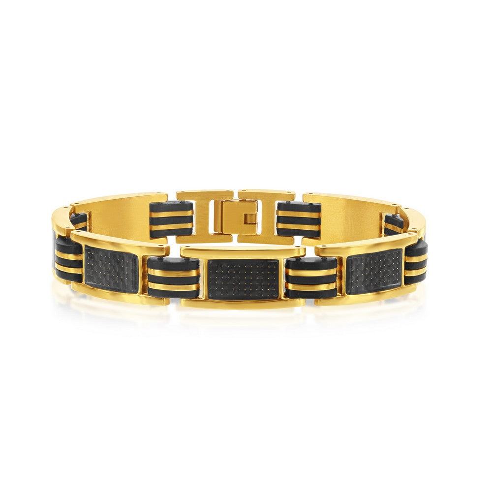 Stainless Steel Black Rubber & Carbon Fiber Bracelet - Gold Plated