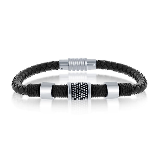 Stainless Steel Oxidized Rope Design Genuine Leather Bracelet