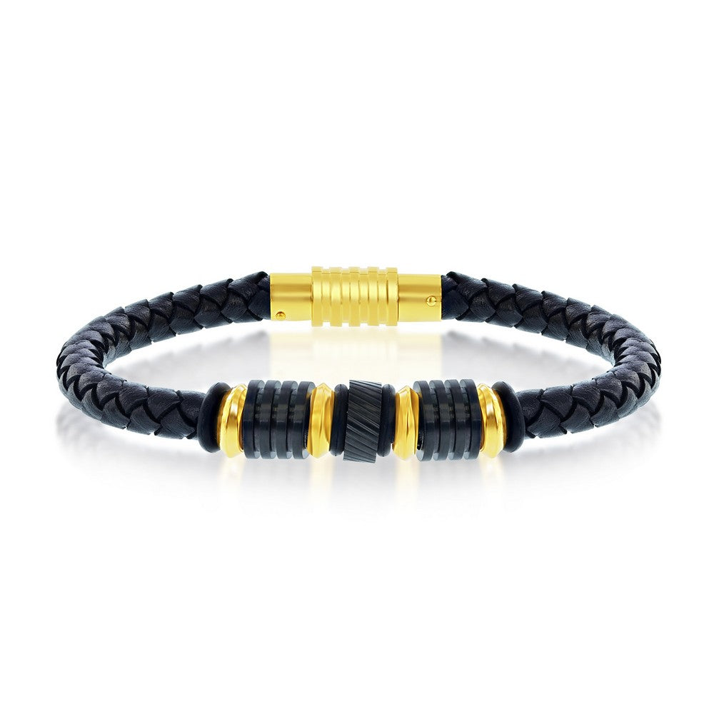 Black & Gold Stainless Steel with Genuine Black Leather Bracelet