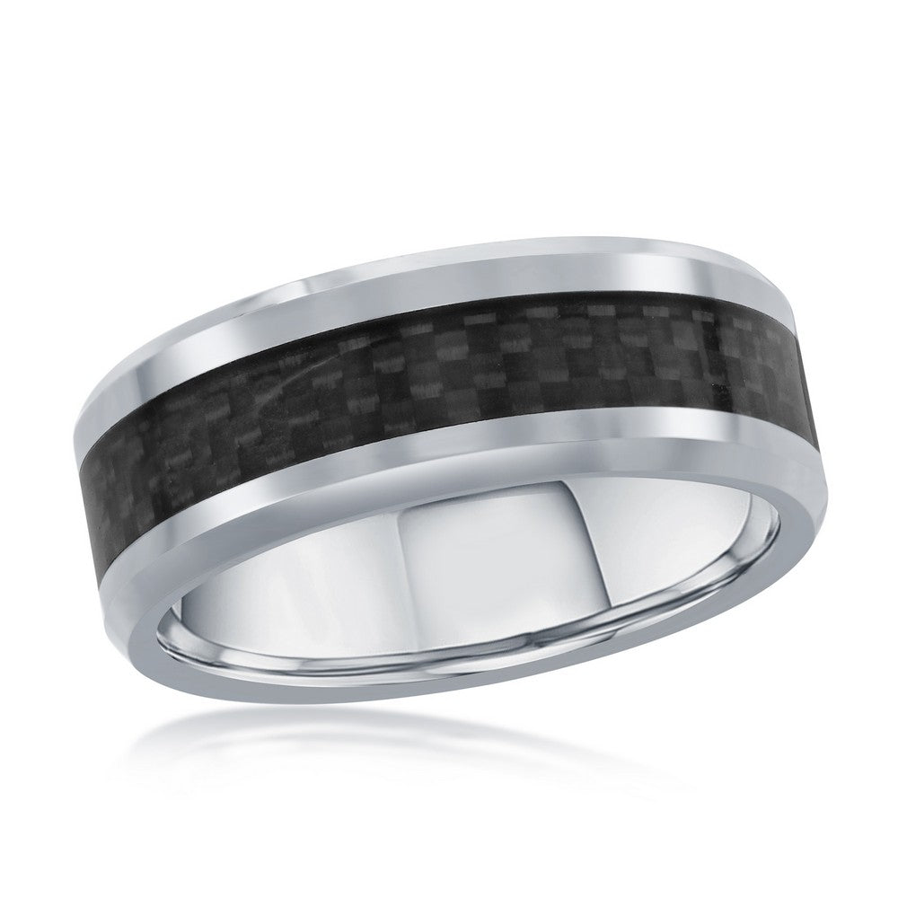 Silver Tungsten Ring With  Black Carbon Fiber