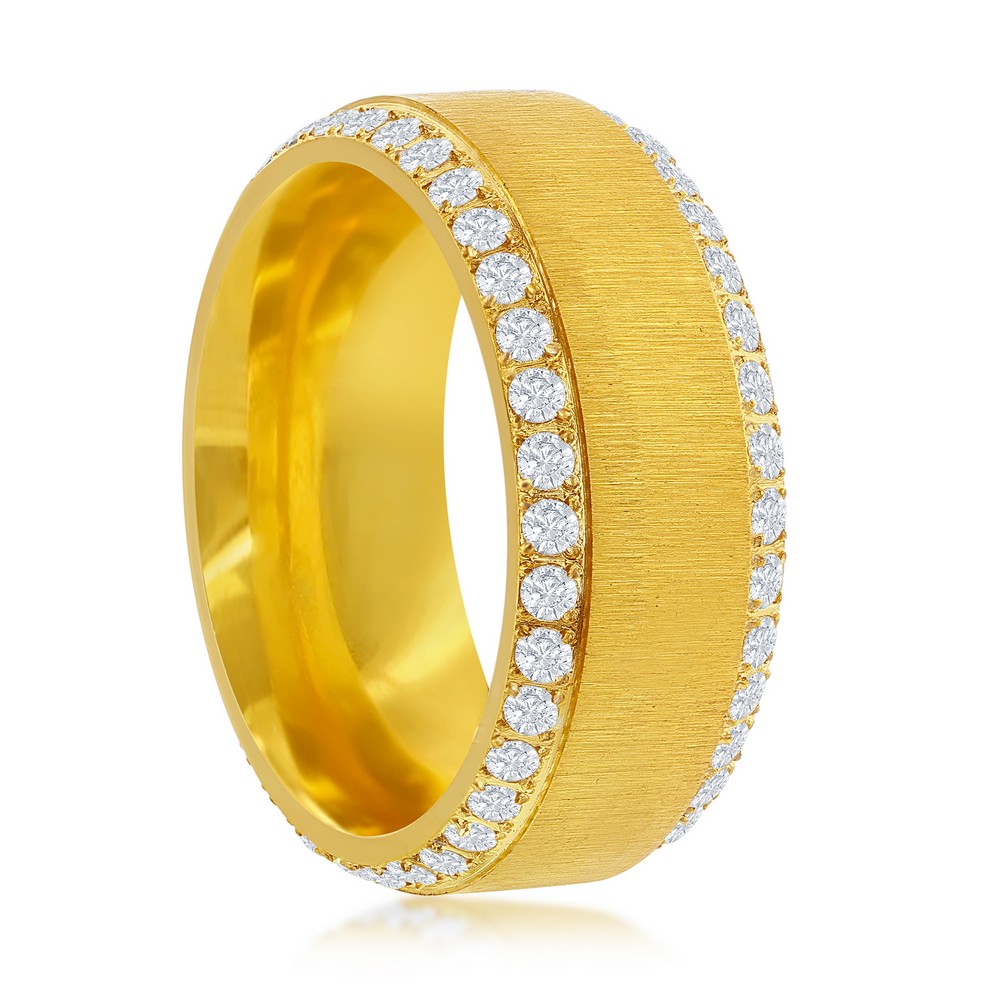 Stainless Steel Double Row CZ Eternity Satin Band Ring  - Gold Plated