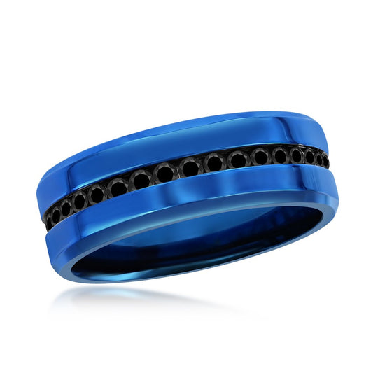 Stainless Steel Blue With  Black CZ Eternity Band Ring