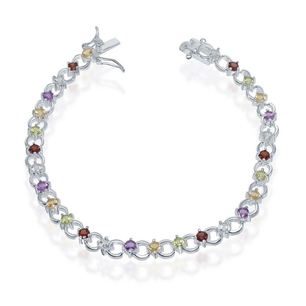 Sterling Silver 7 Inch Circle Linked Bracelet With  Multi Colored Gem Stones